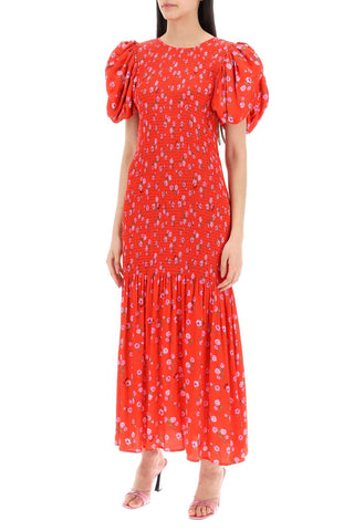 Floral Printed Maxi Dress With Puffed Sleeves In Satin Fabric