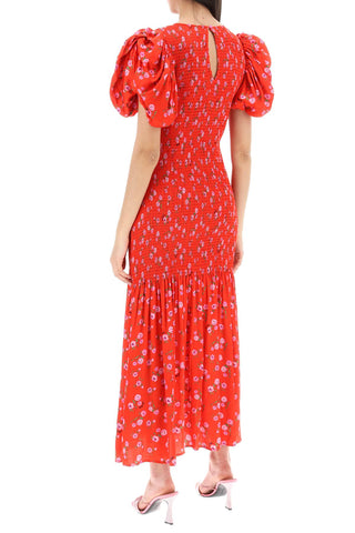 Floral Printed Maxi Dress With Puffed Sleeves In Satin Fabric