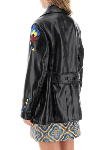 Jacket In Patent Faux Leather With Floral Embroideries