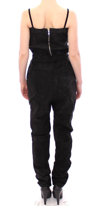 Elegant Black Leather Jumpsuit With Waist Strap