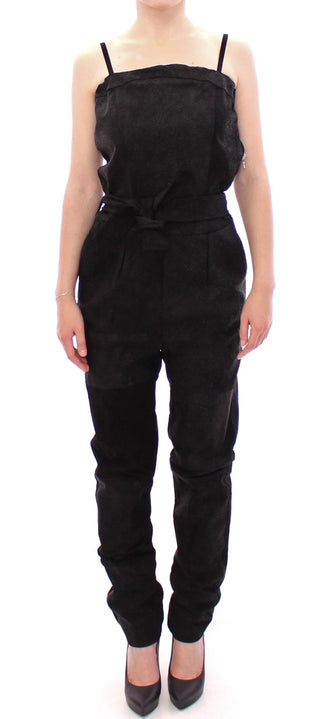 Elegant Black Leather Jumpsuit With Waist Strap