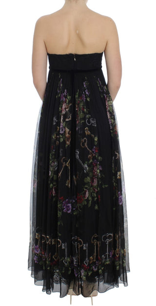 Multicolor Rose & Key Print Maxi Dress With Crystal