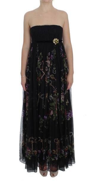 Multicolor Rose & Key Print Maxi Dress With Crystal