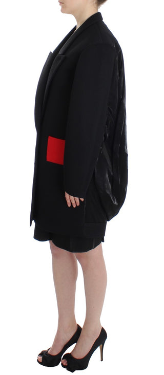 Elegant Draped Long Coat In Black With Red Accents