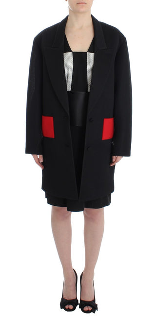 Elegant Draped Long Coat In Black With Red Accents