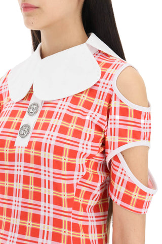 Tartan Motif Cut-out Polo Shirt