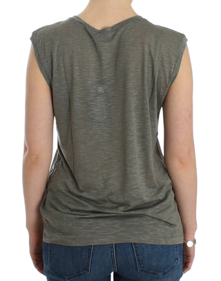Chic Sleeveless Gray Top With Blue Detailing