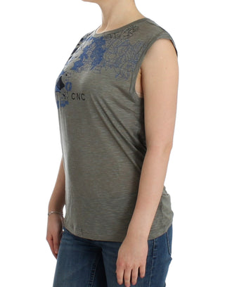 Chic Sleeveless Gray Top With Blue Detailing