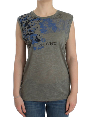 Chic Sleeveless Gray Top With Blue Detailing