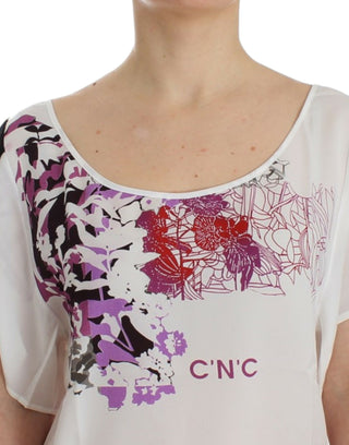 Chic White V-neck Motive Print Tee