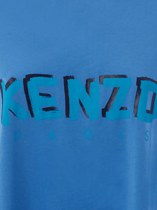 Blue Cotton T-Shirt with Contrasting Painting Logo