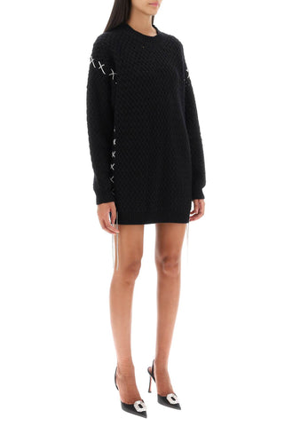 Knitted Mini Dress With Rhinestone-studded Tubular