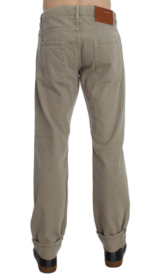 Beige Straight Fit Cotton Jeans For Men