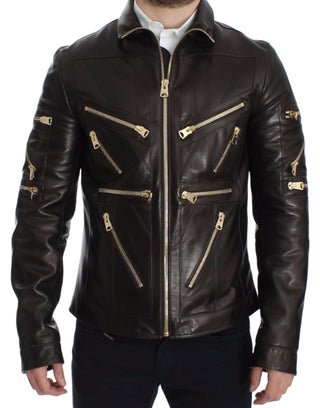 Elegant Brown Gold-detailed Leather Jacket