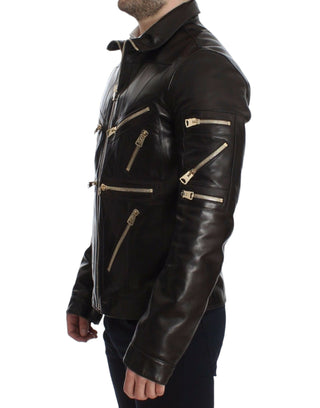 Elegant Brown Gold-detailed Leather Jacket