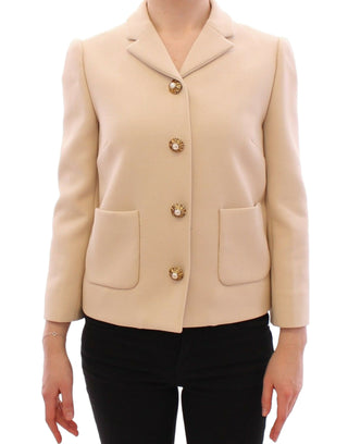 Elegant Beige Wool-blend Jacket With Gold Accents