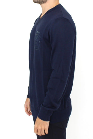 Elegant Blue V-neck Wool Blend Pullover