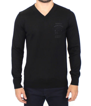 Elegant Black V-neck Wool Blend Sweater