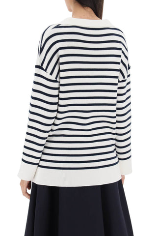 Striped Cotton Knit Sweater With V Gold Detailing