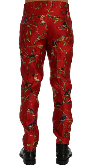 Elegant Silk Dress Trousers In Red Bird Print