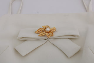 Elegant White Wool Shift Dress With Gold Brooch