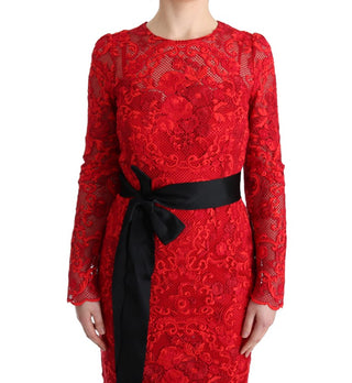 Elegant Red Sheath Dress With Silk Bow Belt