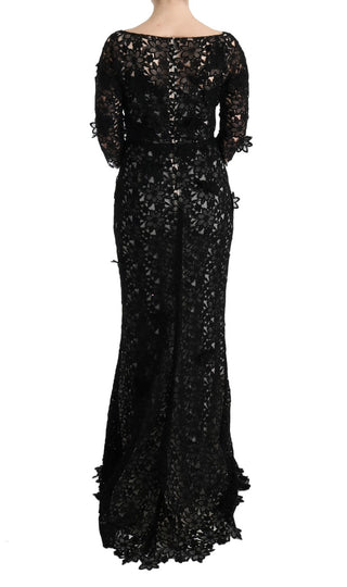 Elegant Black Maxi Shift Dress With Floral Applique