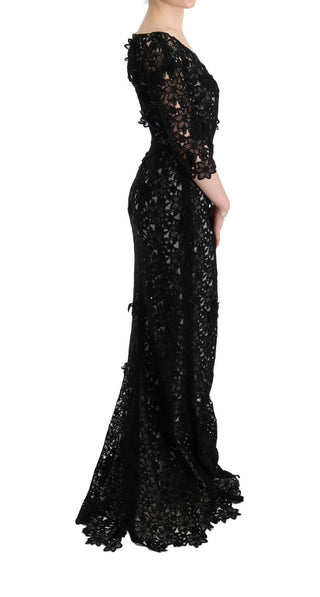 Elegant Black Maxi Shift Dress With Floral Applique