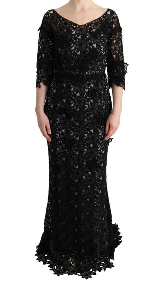 Elegant Black Maxi Shift Dress With Floral Applique