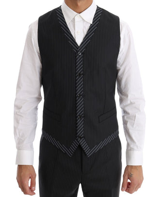 Elegant Gray Striped Wool Silk Men's 3-piece Suit