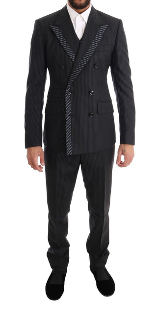 Elegant Gray Striped Wool Silk Men's 3-piece Suit