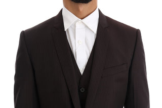 Elegant Brown Striped Three-piece Wool Suit