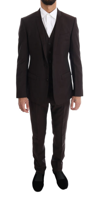 Elegant Brown Striped Three-piece Wool Suit