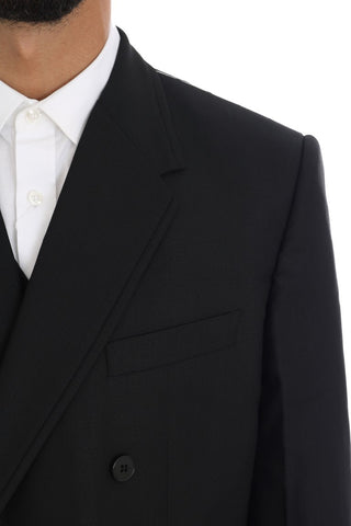 Elegant Black Wool Three-piece Suit