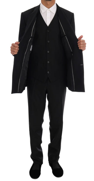 Elegant Black Wool Three-piece Suit