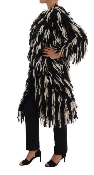 Black And White Fringed Wool Coat Jacket