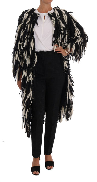 Black And White Fringed Wool Coat Jacket