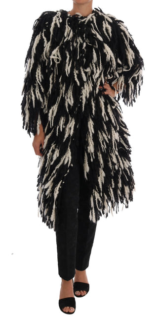 Black And White Fringed Wool Coat Jacket