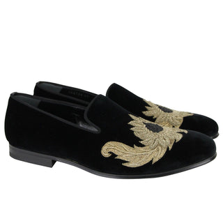 Alexander Mcqueen Men's Gold Embroidered Detail Black Velvet Slip On Shoes