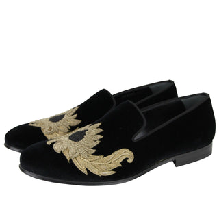 Alexander Mcqueen Men's Gold Embroidered Detail Black Velvet Slip On Shoes