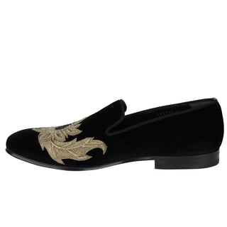 Alexander Mcqueen Men's Gold Embroidered Detail Black Velvet Slip On Shoes