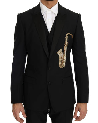 Elegant Black Three-piece Suit With Saxophone Embroidery