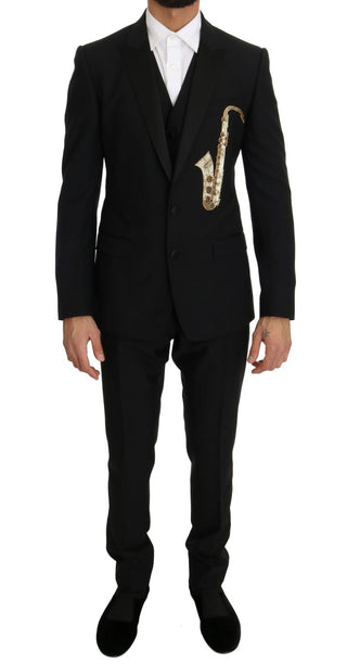 Elegant Black Three-piece Suit With Saxophone Embroidery