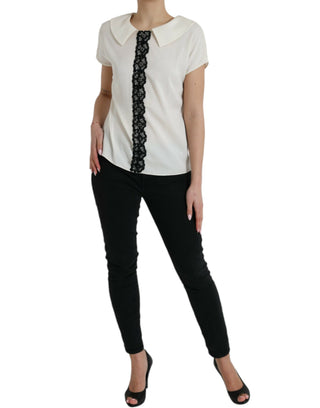 Elegant Off-white Lace-trim Silk Blouse