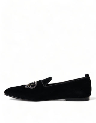 Black Velvet Crystal Crown Loafers Dress Shoes