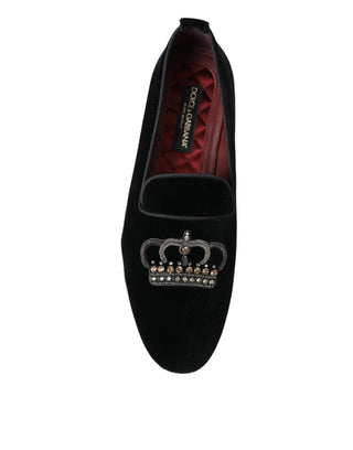 Black Velvet Crystal Crown Loafers Dress Shoes