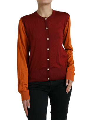 Silk Button Front Cardigan In Maroon Mix