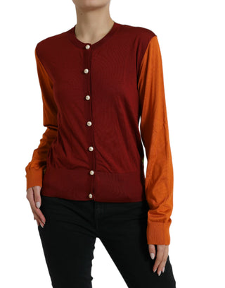 Silk Button Front Cardigan In Maroon Mix