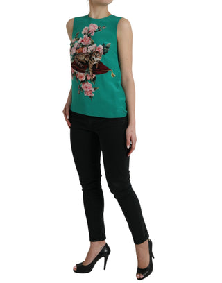 Elegant Silk Sleeveless Floral Cat Tank Top