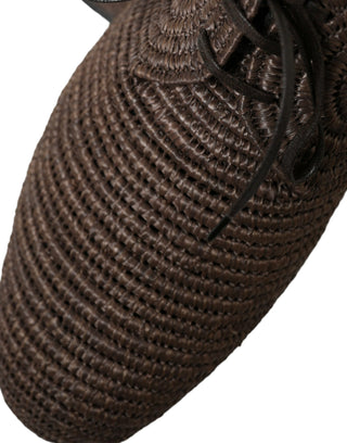 Elegant Raffia Upper Derby Shoes - Lace Up In Brown